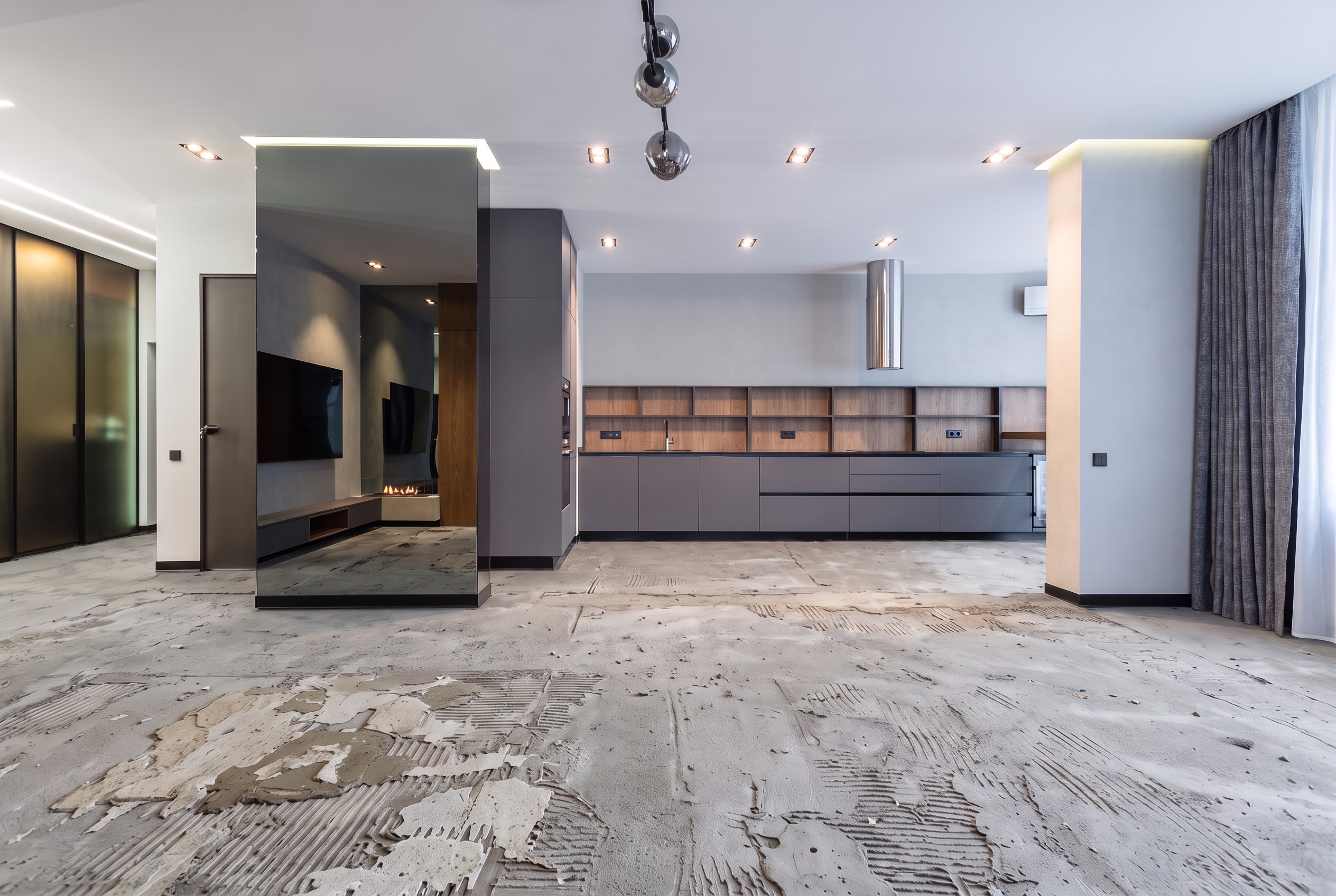 Open-plan living and kitchen before installation