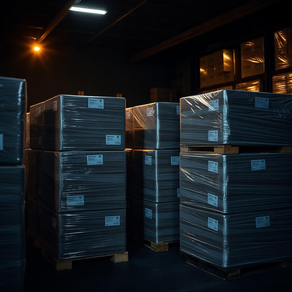 Shrink-wrapped pallets of flooring stock in the warehouse