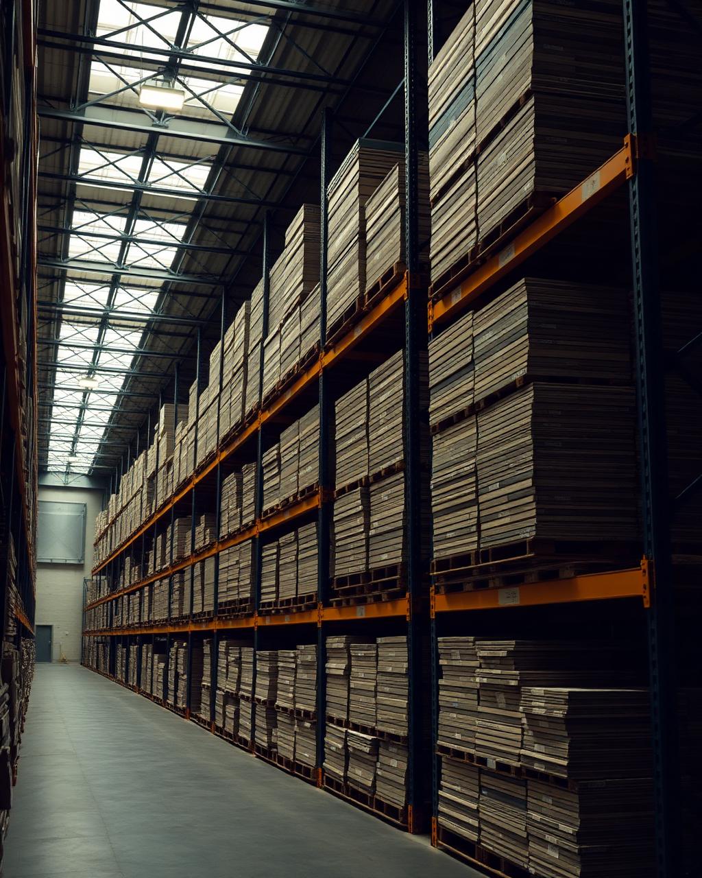 Flooring boxes racked on steel shelving